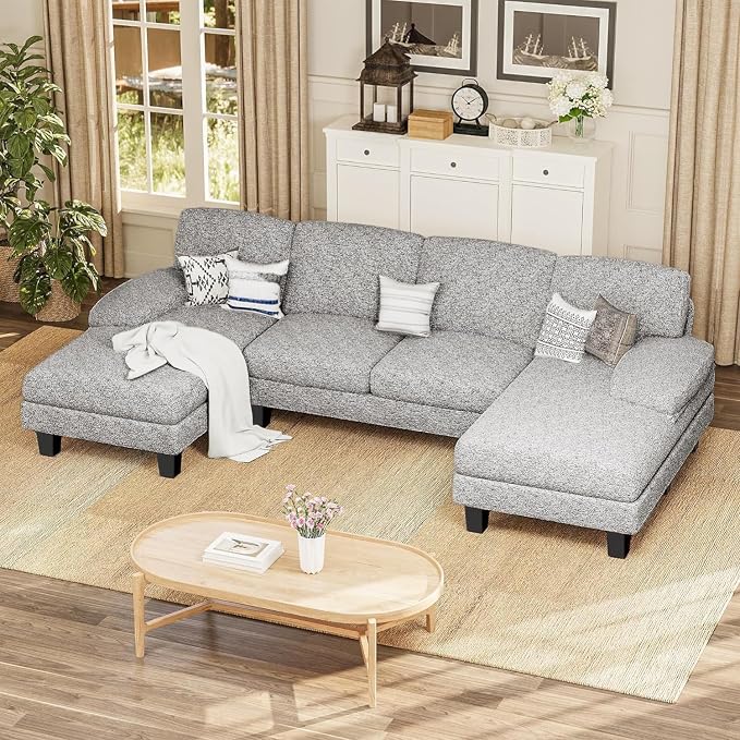 Furmax Sectional Couches for Living Room, U-Shaped Sofa Couch with Linen Fabric, 4 Seat Sofa Set with Double Chaise for Apartment (Loop Yarn, Pearl Gray)