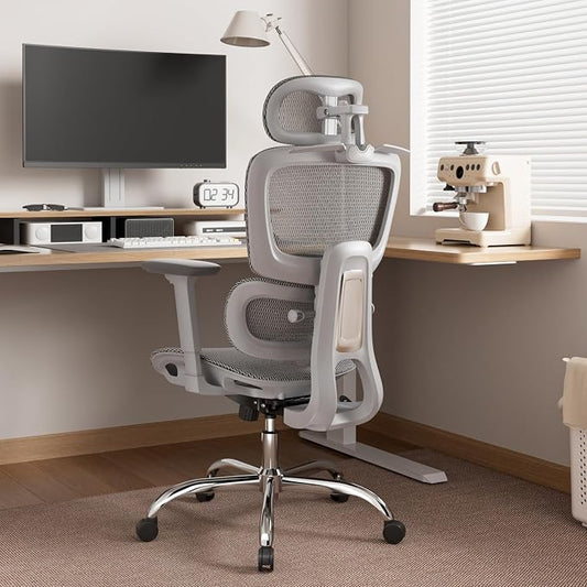 Ergonomic Office Chair with 3D Headrest, Computer Chair with Adjustable Backrest & 3D Armrest, Gaming Chair with Adaptive Lumbar Support, Mesh Backrest & Cushion, Grey