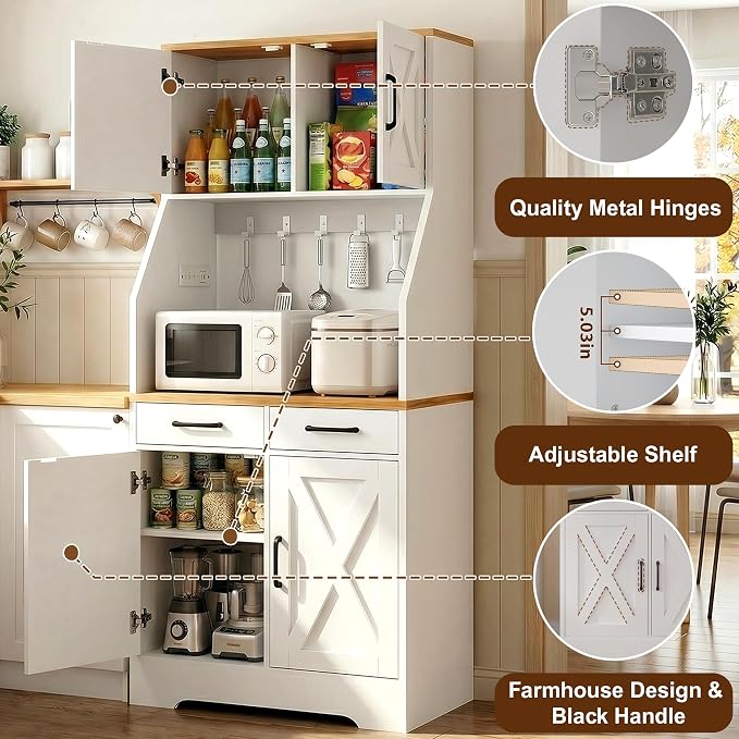 DreamDashio 73" Tall Pantry Cabinet with Charging Station & LED Light, Kitchen Pantry Storage Cabinet with Microwave Stand, Farmhouse Kitchen Hutch with 2 Storage Drawers and 6 Hooks for Dining Room