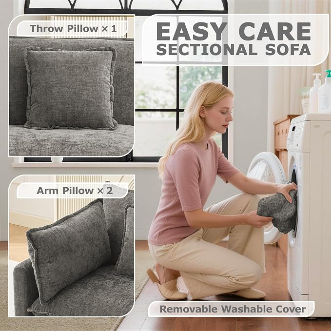 Modular Sectional Sofa Cloud Couch, Deep Seat Washable Chenille Fabric Sofa with Throw Pillows, Singel Seat Modern Couches for Living Room Bedroom Apartment, Grey