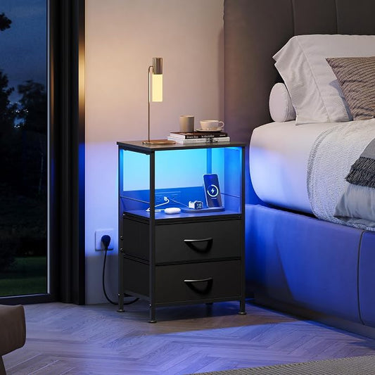 WLIVE LED Night Stand with Charging Station, Black Nightstand with 2 Fabric Drawers and Storage Shelf, Dorm Bedside Table End Table with 2 USB Ports and Outlets, Small Dresser for Bedroom