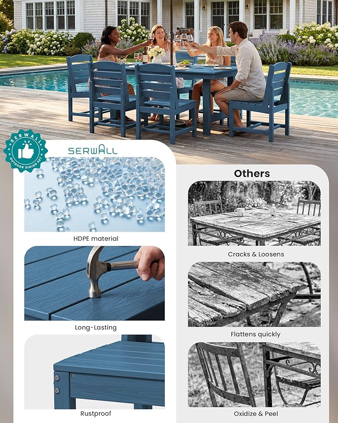 SERWALL Patio Dining Sets for 10 Person, HDPE Dining Set with 2 Tables, 8 Armless Chairs and 2 Armed Dining Chairs, Blue