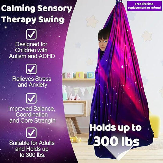 HiCamer Double Layer Sensory Swing for Kids & Adults Holds up to 300lbs Indoor and Outdoor Therapy Cuddle Swing with 360° Swivel Hanger Kit Adjustable with Aspergers Autism ADHD (Galaxy Purple)