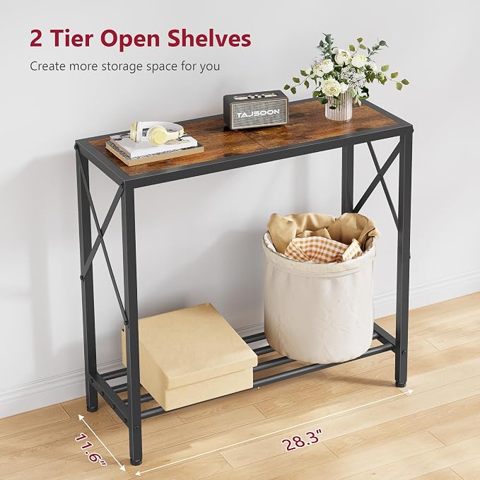 Tajsoon Console Table 28.3''L, 2 Tier Narrow Entryway Table with Open Shelves, Small Sofa Table for Living Room, Entrace, Hallway, Foyer, Corridor, Office, Rustic Brown