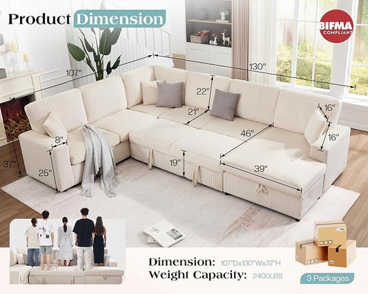 VanAcc 130" Sofa Bed, Sectional Sleeper Sofa with Pull Out Bed, Sleeper Couch with Storage, 6 Seater Couch for Living Room, Corduroy Off-White