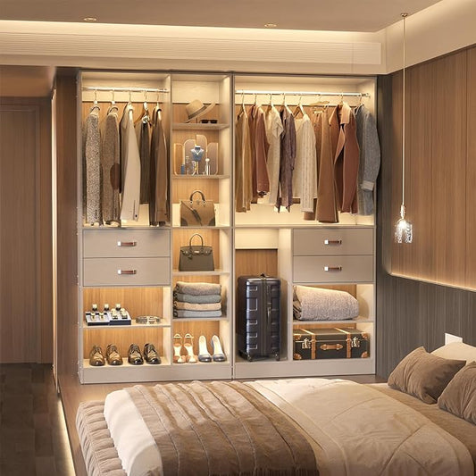 Armocity Freestanding Closet System, 40 Inches Stand-Alone Wardrobe with 10 Shelves, 80'' Height Adjustable Cloth Garment Rack with 2 Wood Drawers, Wood Walk-in Closet with Hanging Rod, Grey