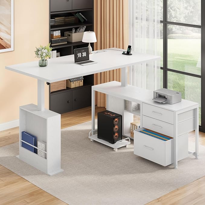 63 Inch L Shaped Desk with 3 Drawers Electric Standing Desks with Storage Computer Table Adjustable Height with Power Outlets 4 Memory Presets for Home Office, White