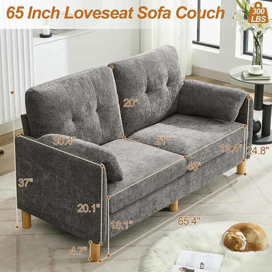 WUTUTUEE 65" Chenille Modern Loveseat Sofa, Upholstered 2-Seater Love Seat Couch with Armrest Pillows, Storage Pockets, Easy Assembly, Tufted Loveseat Couches for Living Room Bedroom, Light Grey
