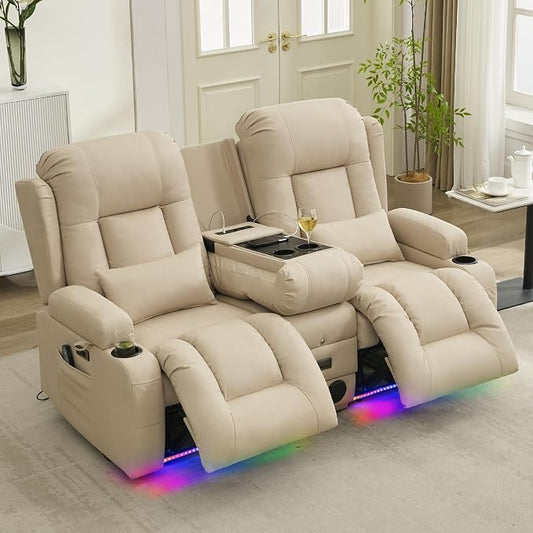 URRED Power Loveseat Recliner Sofa with Massage and Heat, Wall Hugger Reclining Loveseat with Console, RV Couch Home Theater Seating with LED Lights for Living Room (Beige, 67" - 2 Seats)