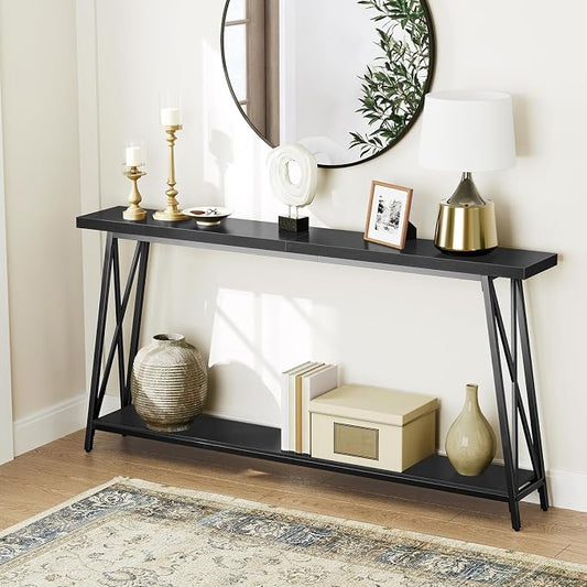 MAHANCRIS Console Table, 63" Industrial Entryway Table, Extra Long 2-Tier Sofa Table Behind Couch, X-Shaped Support, for Entryway, Hallway, Living Room, Black CTHB4801