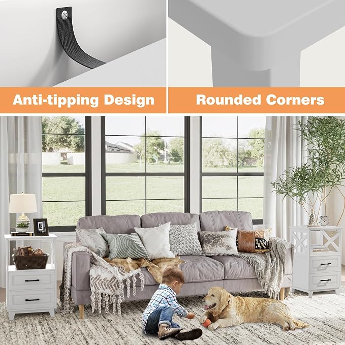 May in Color White Nightstand Set of 2, Tall Side Table, Farmhouse End Table with 2 Large Storage Drawers Cabinet, Wooden Rustic Bedside End Table for Bedroom, Home Office, White