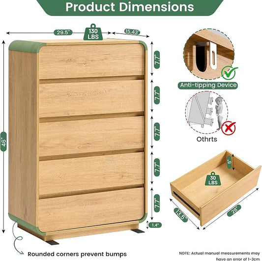 Standifurno Natural 5 Drawer Dresser, Modern Dresser with Storage, Chest Drawers with Wood Grain Texture, Drawers Organizer for Bedroom, Living Room, Hallway.