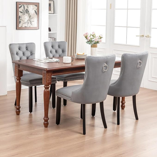 Mid Century Modern Dining Chair Set of 4 Velvet Upholstered Dining Accent Chair Farmhouse Dining Chairs with High Back and Nailhead Trim for Kitchen, Living Room, Bedroom (Gray)