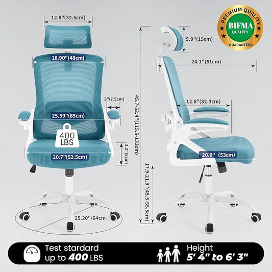 Fizzin Ergonomic Office Chair, 400 LBS Computer Chairs with Adjustable Lumbar Support, Breathable Mesh Desk Chair Ergonomic with Thickened Cushion, Comfy Home Office Desk Chair (Lake Blue)