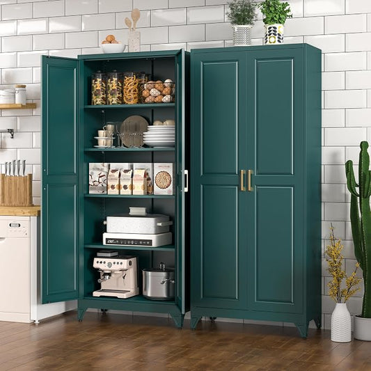 Polup Metal Storage Cabinet,75" Tall Kitchen Pantry Storage Cabinet with Doors and Adjustable Shelves, Green Metal Pantry Cabinets, Large Cupboard for Kitchen, Dining Living Room, Bathroom, Office