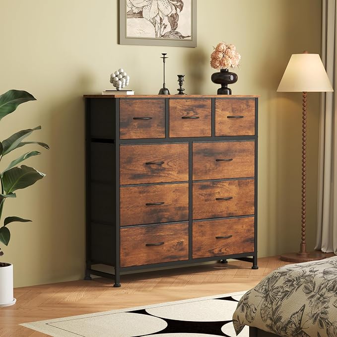 OLIXIS Dresser for Bedroom, 9 Storage Drawers, Wide Fabric Closet Chests Organizer Tower Furniture, TV Stand with Wooden Top Metal Frame for Clothes, Living Room, Hallway, Entryway, Rustic Brown