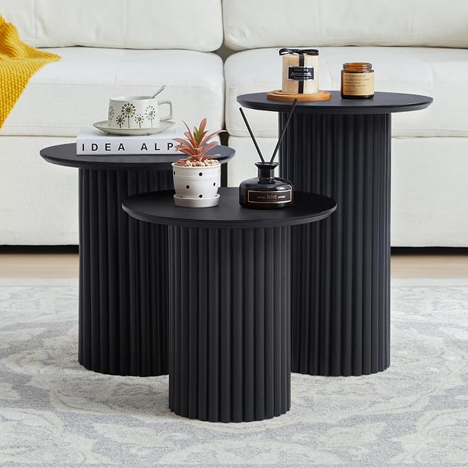 Bifins Round Nesting Coffee Table Set of 3,Mid Century Modern Fluted Coffee and End Table Set,Small Circle Wooden Side Table Drink Table for Living Room (Black)