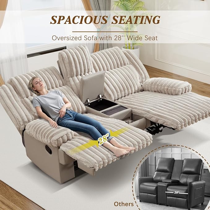 Oversized Reclining Loveseat with Hidden Cup Holders & Wireless Charger, Manual Double Recliner Sofa, Wall Hugger Loveseat Recliner with USB Ports for Living Room (Beige, Loveseat)