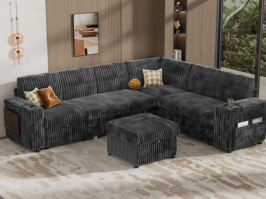 Vipbear 111" Modular Sectional Sleeper Sofa with Pull Out Bed, 7 Seat Corduroy L Shaped Couch with Ottoman|USB Ports|Cup Holders|Side Table|Storage Armrest, Tool Free Assembly, Grey