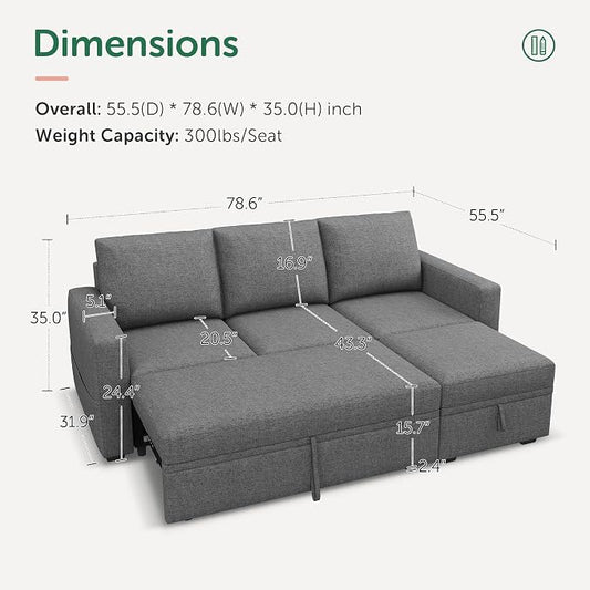 HONBAY Modular Sectional Sleeper Sofa with Pull Out Bed, L Shaped Couch with Storage Seat, Modular Sectional Couches for Living Room - Dark Grey