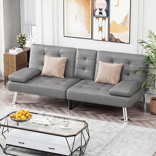 Homall Futon Sofa Bed, Leather Futon Couch with Removable Armrests, Adjustable Recliner Sleeper Sofa Bed with Dual Cup Holders for Living Room, Apartment, Office (Gray)
