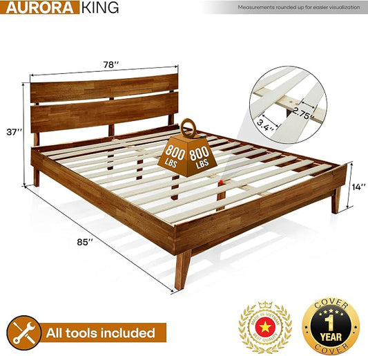 Acacia Aurora Bed Frame with Headboard Solid Wood Platform Bed, King Size Bed Frame, Mid - Century Modern Wood Bed Compatible with All Mattresses, Easy Assembly, Non-Slip, Walnut