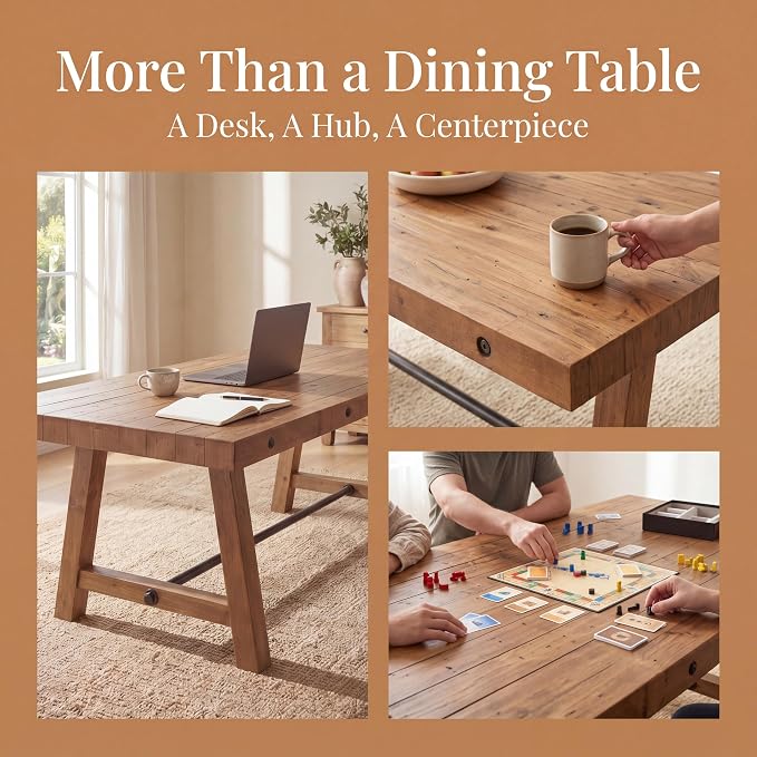 chairus 59" Reclaimed Wood Rectangular Farmhouse Dining Table | 59"L x 35.5"W x 30"H Standard Dining Height Tabletop, Seats 4-6, Reinforced A-Frame Legs with Black Metal Support Bar