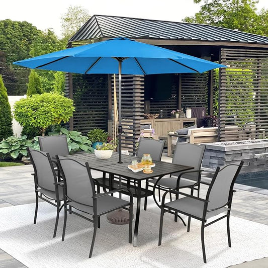 SUNCROWN 8 - Piece Outdoor Dining Set, Patio Furniture Set with 6 Textilene Dinning Chairs, 1 Rectangle Metal Table and 1 Sky Blue 9Ft Patio Umbrella for Lawn Garden Backyard Deck, Grey