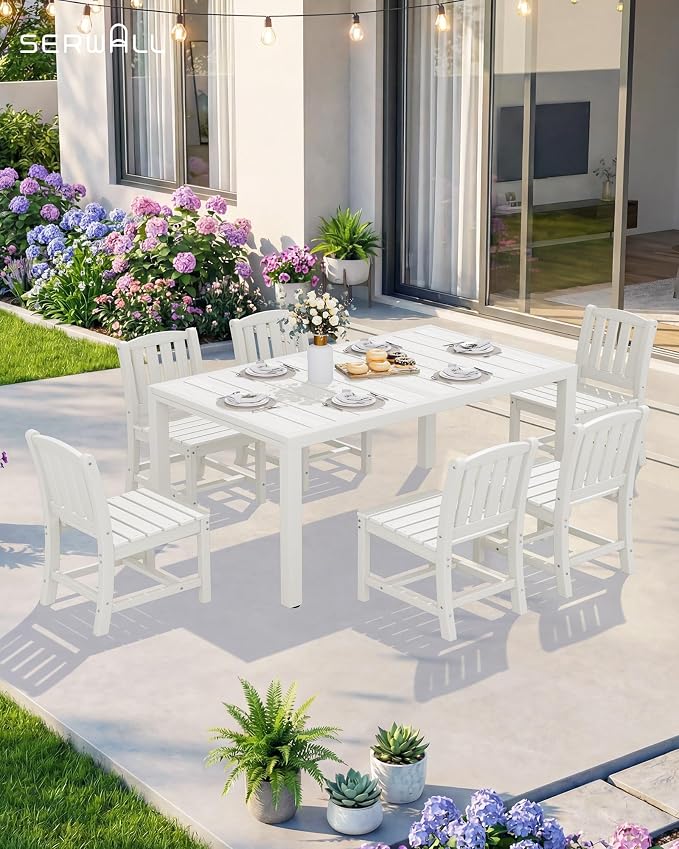 SERWALL 10-Piece Patio Dining Sets with 15FT Patio Umbrella, White | 60" - 83" Expandable Outdoor Dining Table and 8 HDPE Chairs, All Weather HDPE Outdoor Furniture Set