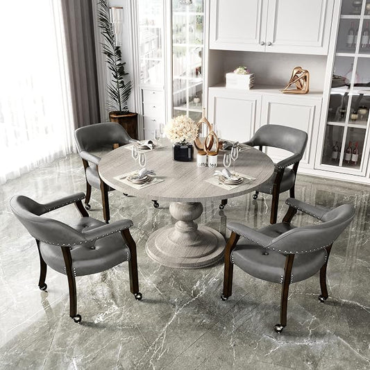 LEEMTORIG Set of 4 Large Dining Chairs with Casters and Arm, Rolling Dining Chairs with Wheel, Poker Table Chairs, Boss Caption's Chair, 26"D x 25.2"W x 31.5"H, Espresso Legs & Dark Grey, XXY-1910-DG