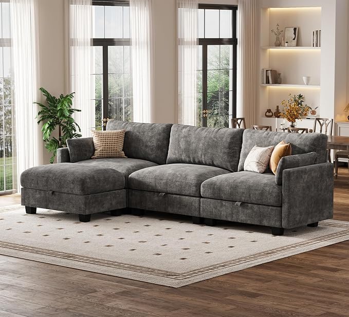 Modular Sectional L Shaped Sofa Couches for Living Room, Cloud Couch with Storage Ottoman, Comfy Chenille Sofa with Pillow, Dark Gray