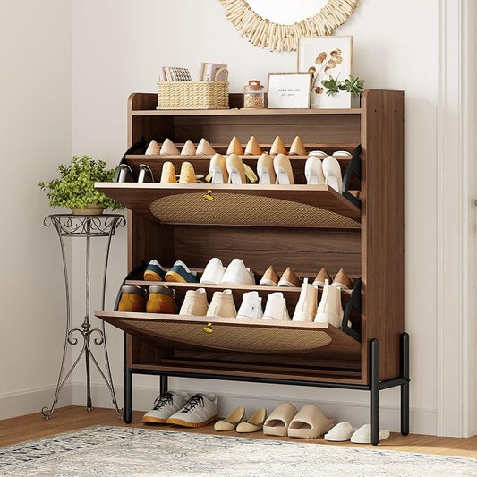 IRONCK Shoe Cabinet Storage with 2 Flip Drawers, Free Standing Wooden Shoe Storage Organizer Cabinet with Rattan Doors for Entryway, Narrow Shoe Rack Cabinet, Walnut