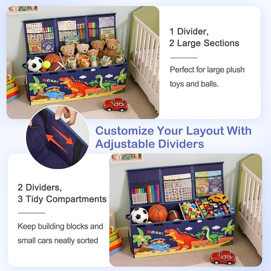 Unicorn Castle Toy Box with Adjustable Divider Toy Chest Storage Large Toy Storage Organizer Bin Collapsible with Lid Pockets for Nursery Playroom,Dark Blue Dinosaur