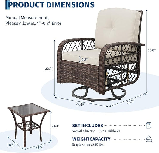 3 Pieces Patio Furniture Set, Outdoor Swivel Glider Rocker Set w/Washable Cushion and Tempered Glass Tabletop, Conversation Furniture for Deck Porch Balcony Backyard Garden,Brown & Beige