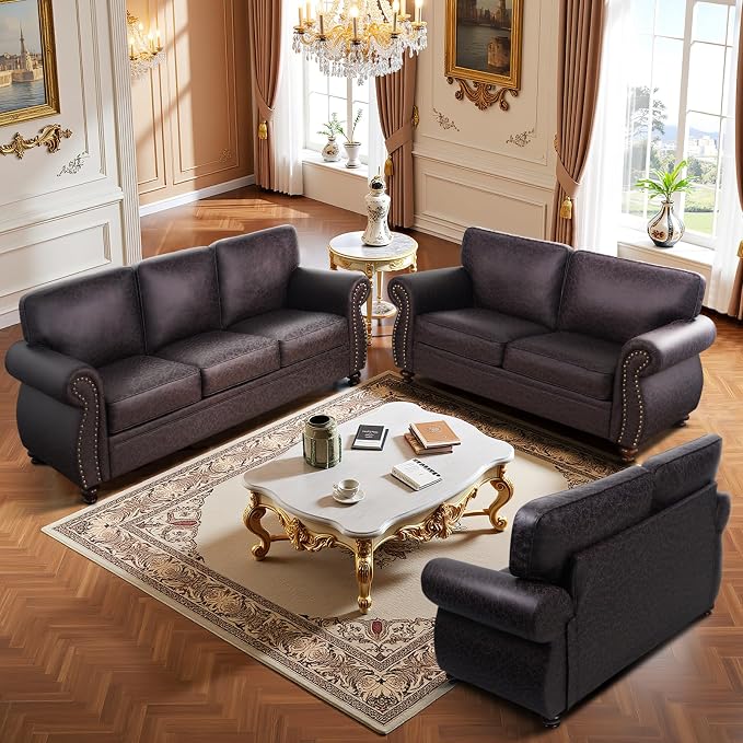 Couchus Mid-Century Vintage Sofa Couches with Rivet Design,3-Seater Sofa,Removable Sofa Cover Upholstered Cushions and Solid Wood Frame (Brown, 3-Seater)