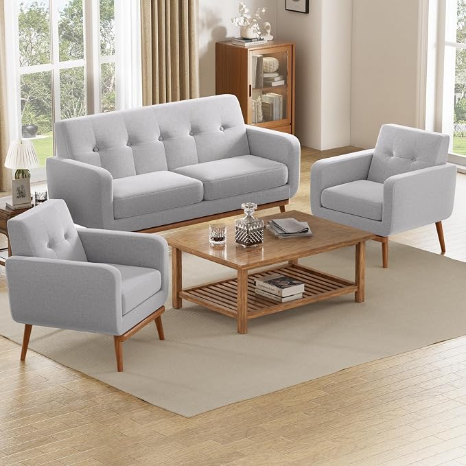HUIMO Sofa Couch, Mid Century Modern Sofa with Solid Wood Frame, Button Tufted Couch for Bedroom, Living Room, Office, Apartment (Light Grey, 60 inch)