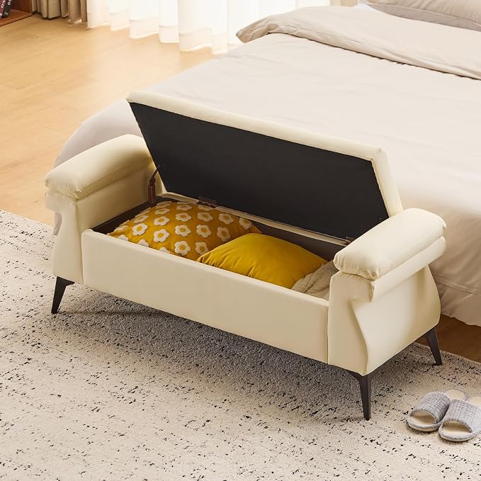 Furniliving 51”Ottoman with Storage, Upholstered End of Bed Bench with Armrest Cushion, Ottoman Bench, Faux Leather Bedroom Bench, Bed Bench with Storage, for Living Room, Entryway, Beige