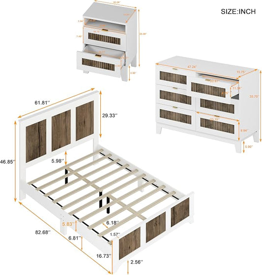 4 Pieces Bedroom Furniture Sets Farmhouse Queen Size Bed Frame with Storage Dresser & Nightstand, Wood Platform Bed Frames with Metal Handle for Living Room, Home, Guest Room, Apartment