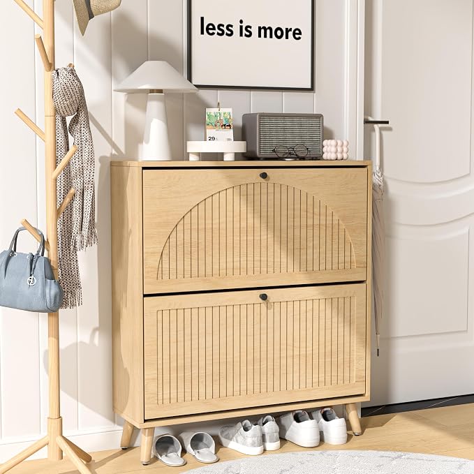 Fsbecl Shoe Storage Cabinet for Entryway with 2 Flip Drawers, Narrow Wood Shoe Cabinet with Fluted Panel, Freestanding Hidden Shoe Organizer for Foyer, Hallway (Wood Color)