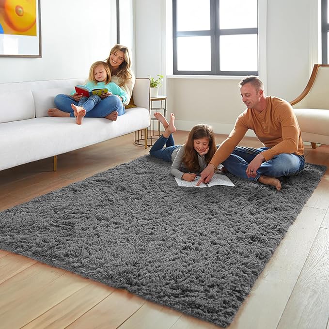 Ophanie Rugs for Living Room, Upgrade Non-Slip Fluffy Soft 5x8 Area Rug, Shag Large Fuzzy Plush Carpets for Bedroom Grey, Shaggy Gray Kids Boys Girls Dorm Nursery Decor with Over 99 pcs Pile fibers