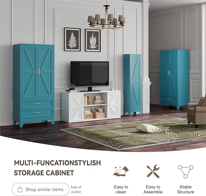 Baborokic Metal Wardrobe Cabinet with Hanging Rod, 71" Armoire Wardrobe Closet with 2 Drawers,Farmhouse Metal Clothing Storage Cabinets with Door and Adjustable Shelves for Bedroom,Laundry Room(Blue)