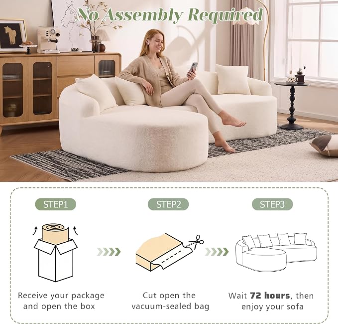 99" Curved Sofa with L-Shape Chaise,Modern Cloud Curved Couch with Deep Seat,No Assembly Required,Upholstered Oversized Couches for Living Room,Apartment (White, 99Inch)
