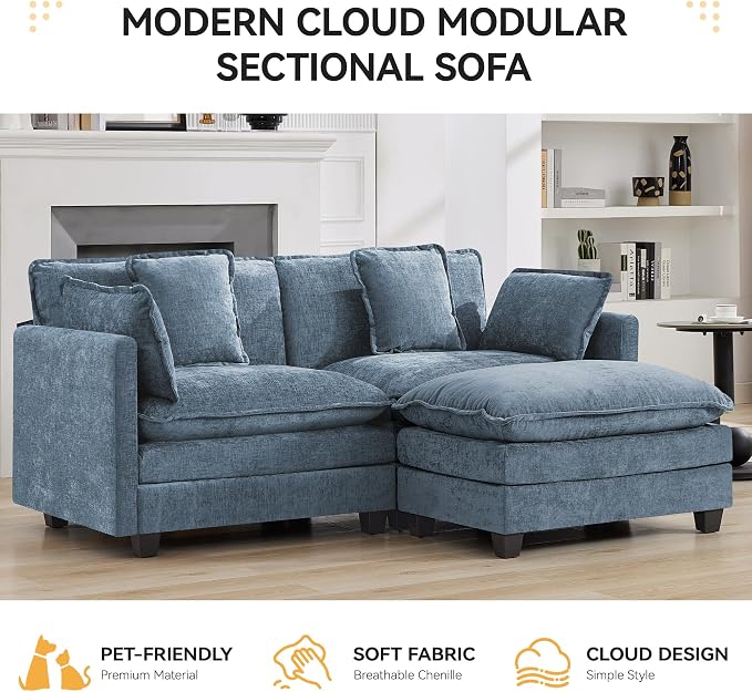 76'' Cloud Deep Seat Loveseat Sofa, Upholstered Chenille Modular 2-Seats Sectional Sofa Couch with Movable Ottoman, Modern Comfy Settee Loveseat for Living Room Set, Small Apartment, Blue