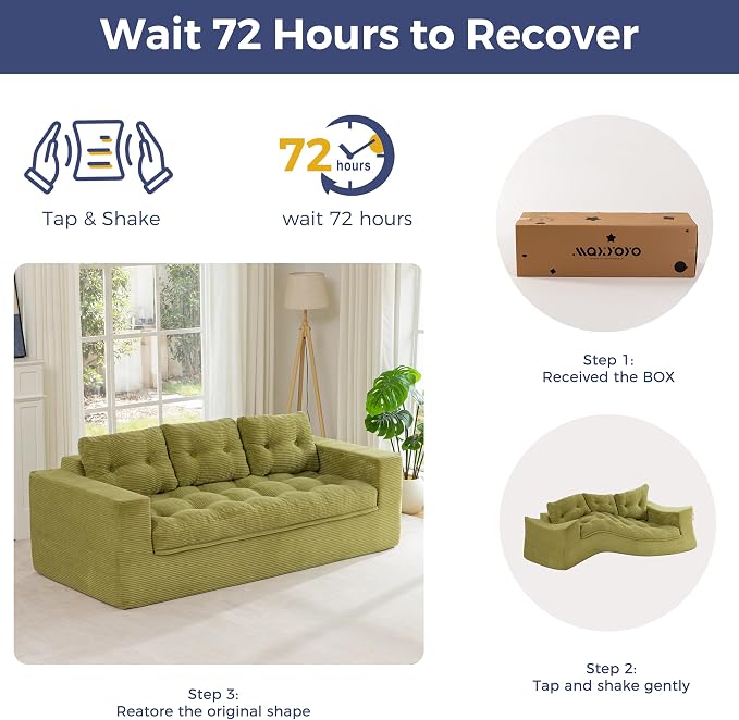 MAXYOYO 79" Loveseat Sofa Couch for Small Spaces, Upholstered Boneless Cloud Couch for Apartment Bedroom, 3-Seater Love Seat Floor Modern Sofa with Pillows, No Assembly Required, Green
