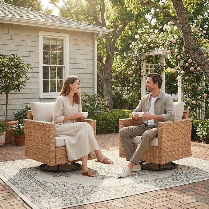 SUNSITT Patio Swivel Chair Set of 2, Wicker Swivel Chairs Outdoor Seating Furniture with Thick Comfy Cushions, for Porch, Balcony, Deck, Natural Rattan Color