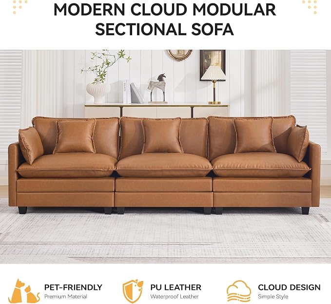111'' Sectional Cloud Deep Seat Couch, Modern Comfy Leather Modular Sectional Sofa for Living Room Set, Upholstered Modular 3-Seats Sofa Couch, Leather Light Brown