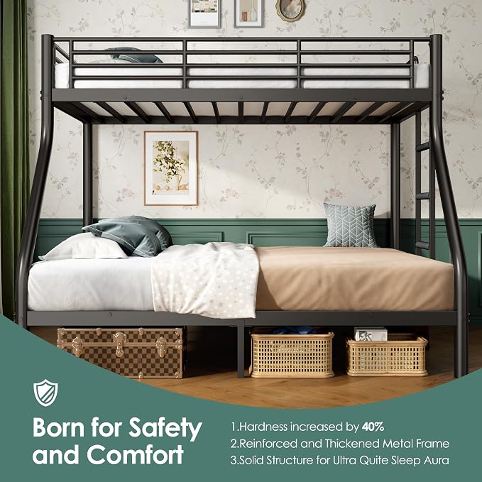 Twin XL Over Queen Bunk Bed Size, Heavy Duty Bunk Beds with Bottom Space & Guardrail Metal Bunk Bed Frame for Adults Dorm Bedroom Guest Room, No Box Spring Needed(Upgrate Black)