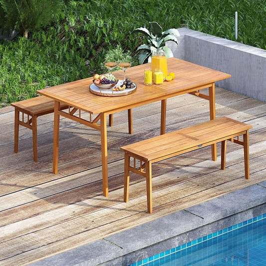 Tangkula 3 Pieces Patio Dining Set, Acacia Wood Space Saving Outdoor Rectangular Picnic Table with 1.97” Umbrella Hole and 2 Benches, for Yard, Garden and Poolside
