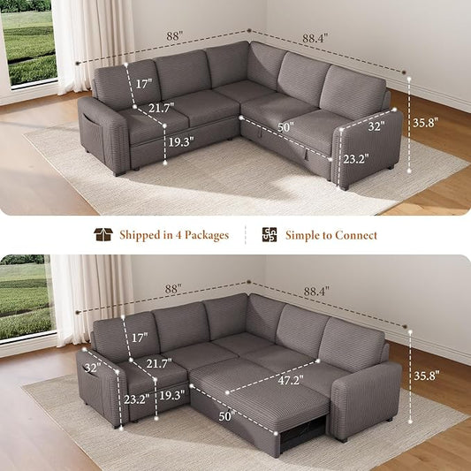 Vesgantti 88.4" Sleeper Sectional Couch with Pull Out Bed, 5 Seater L Shaped Modular Sectional Sofa with Storage, Comfy Corduroy Modular Sofa for Living Room, Bedroom, Apartment, Light Coffee