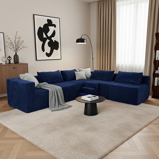 Claiks 128" Modular U‑Shaped Boneless Cloud Couch, Deep Seat Sectional Sofa with Double Chaise, No Assembly Required, Modern Oversized Couches for Living Room, Blue